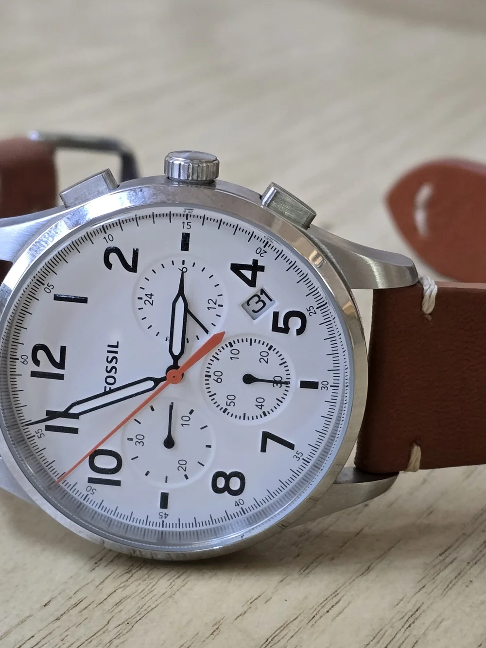 Fossil Men's Brown Leather Chronograph Watch - White Dial